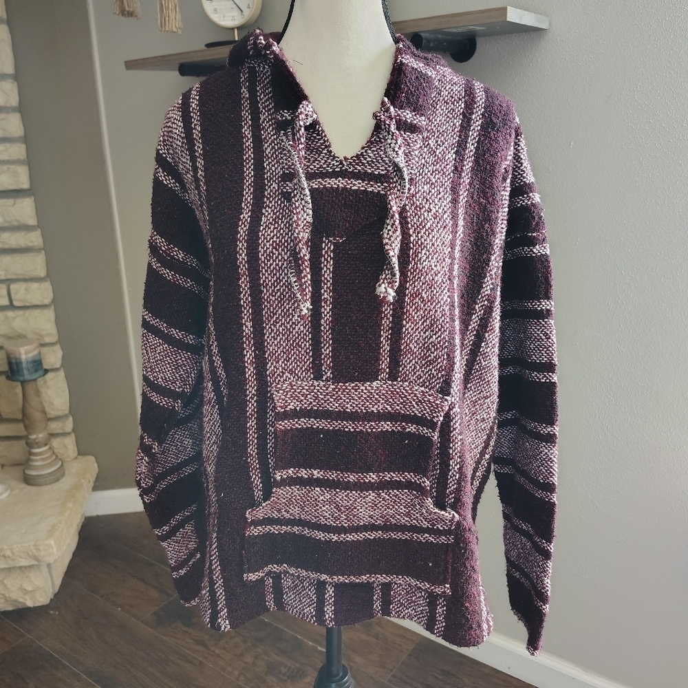 Women's Maroon Striped Mexican Baja Hoodie Large